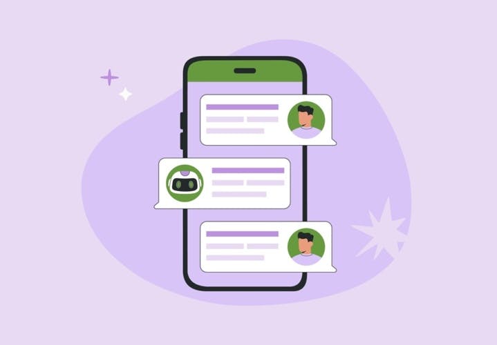 A vector illustration of a text message conversation between a human and a bot.